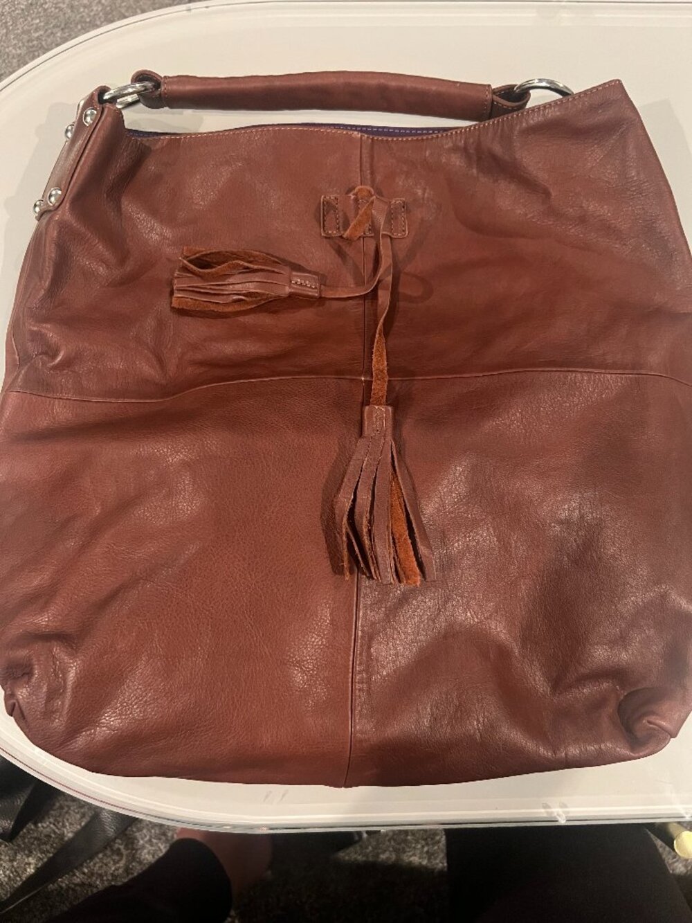 NWOT Carla Tano Large Brown Leather Shoulder Bag Tassel Studs Purple Lining